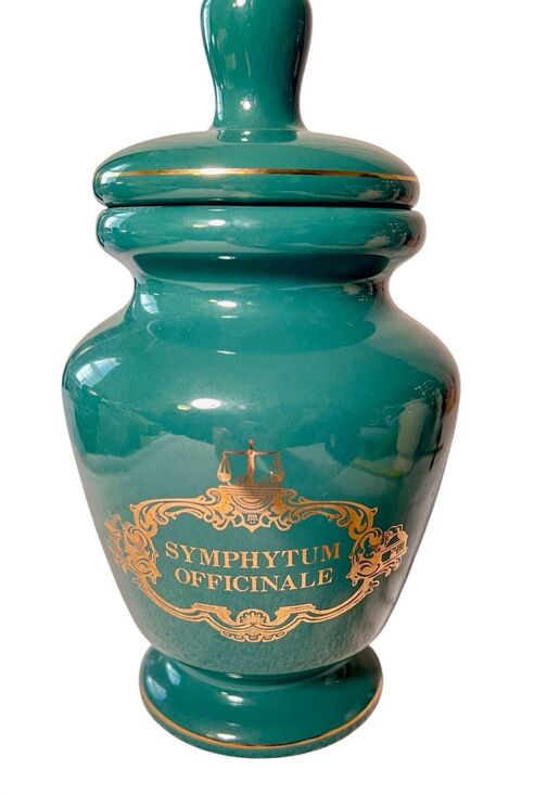 VTG Eli Lilly Ceramic Green Gold Trim Apothecary Jar Symphytum Officinale #19/19